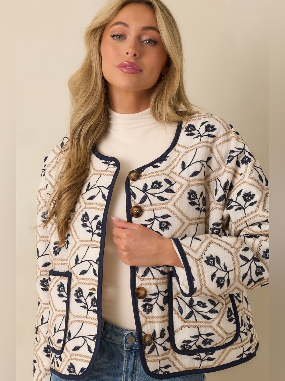 All The Right Ways Ivory Floral Embroidered Quilted Jacket